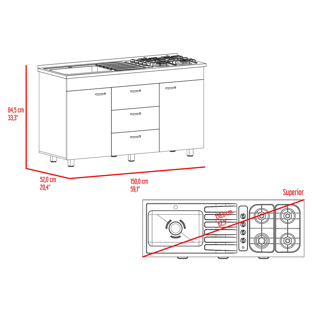 Mueble Inferior de Cocina Lumina Blanco Positano 150x84.5cm con Mesón de Acero Inoxidable Lado Izquierdo y con Estufa