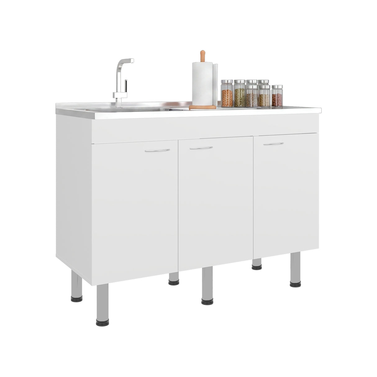 Mueble Inferior de Cocina Oceana Blanco 120x90cm con Mesón de Acero Inoxidable Lado Izquierdo y sin Estufa