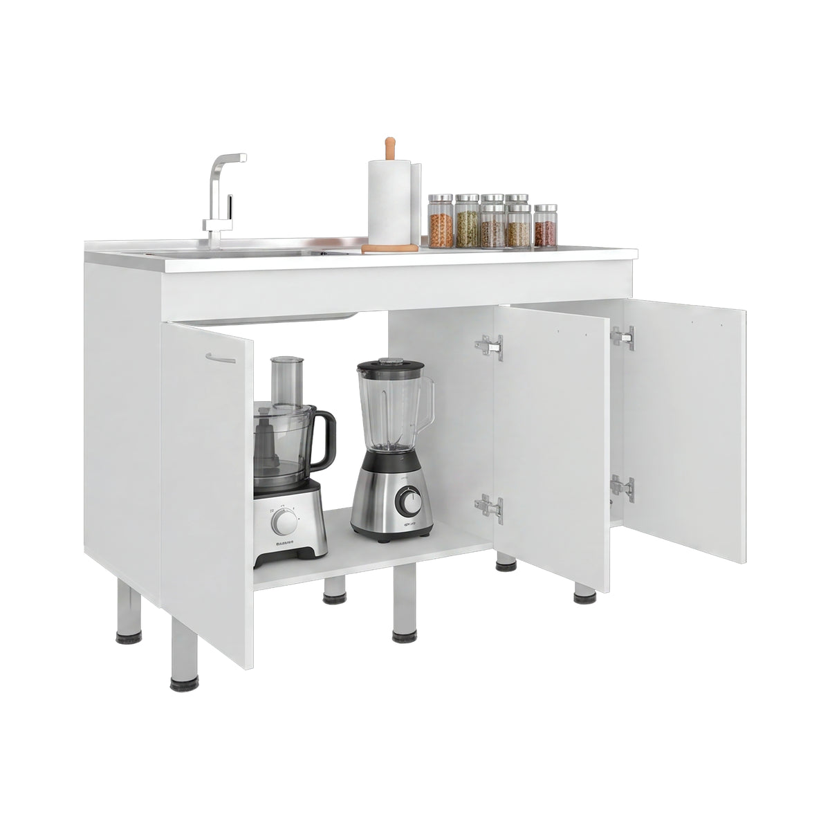 Mueble Inferior de Cocina Oceana Blanco 120x90cm con Mesón de Acero Inoxidable Lado Izquierdo y sin Estufa