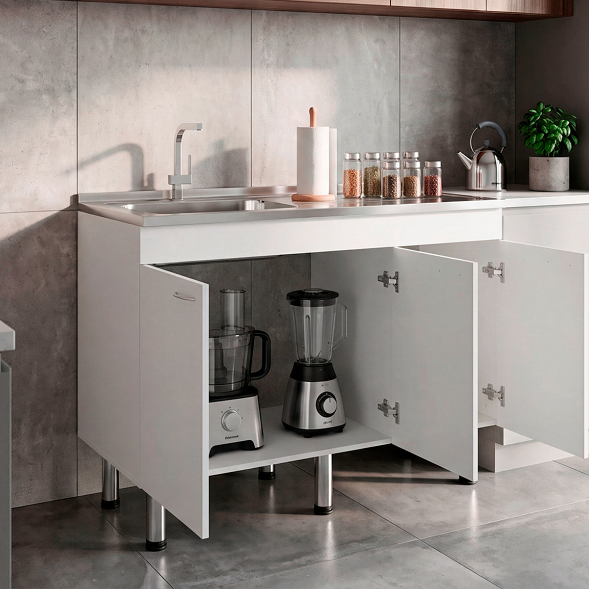 Mueble Inferior de Cocina Oceana Blanco 120x90cm con Mesón de Acero Inoxidable Lado Izquierdo y sin Estufa