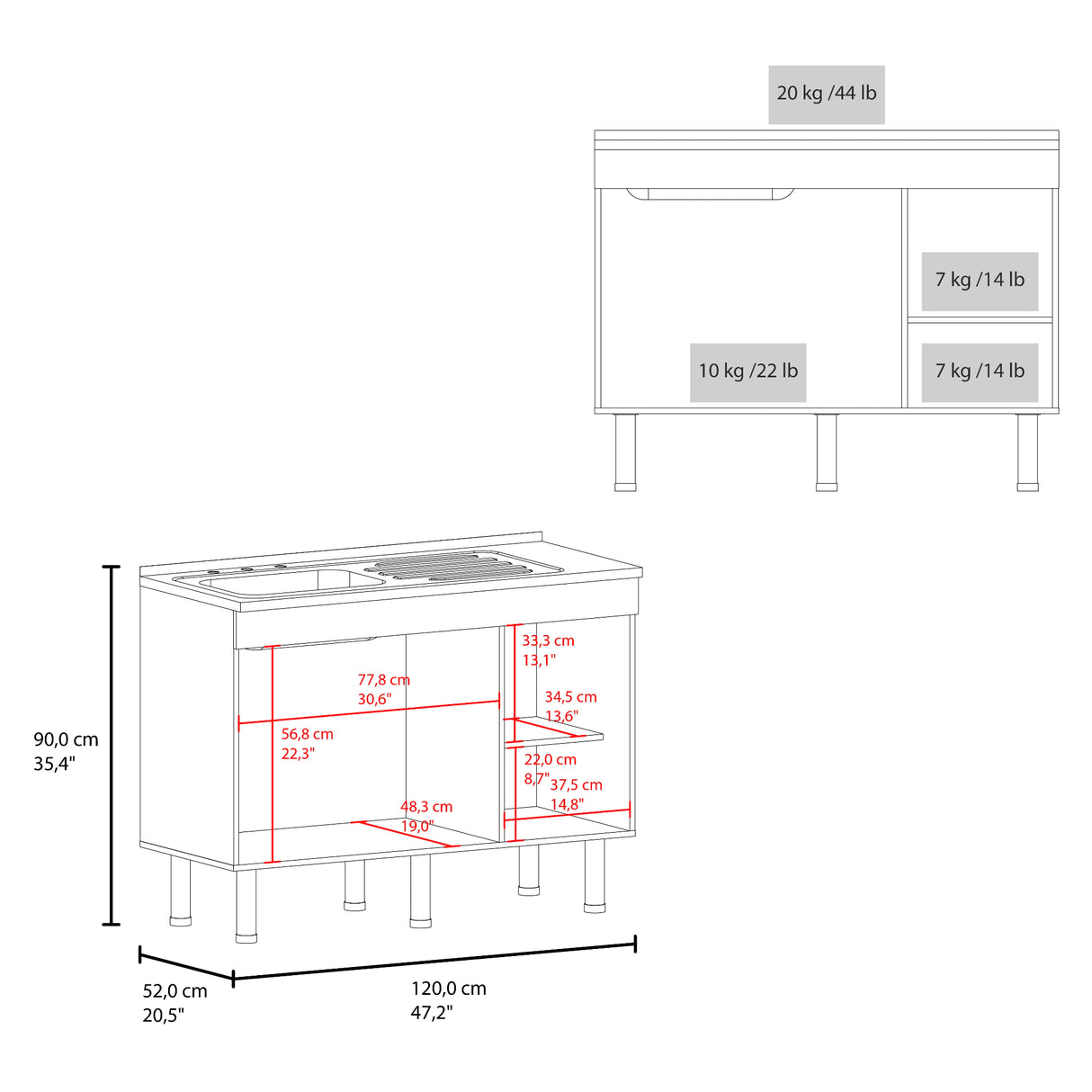 Mueble Inferior de Cocina Oceana Blanco 120x90cm con Mesón de Acero Inoxidable Lado Izquierdo y sin Estufa