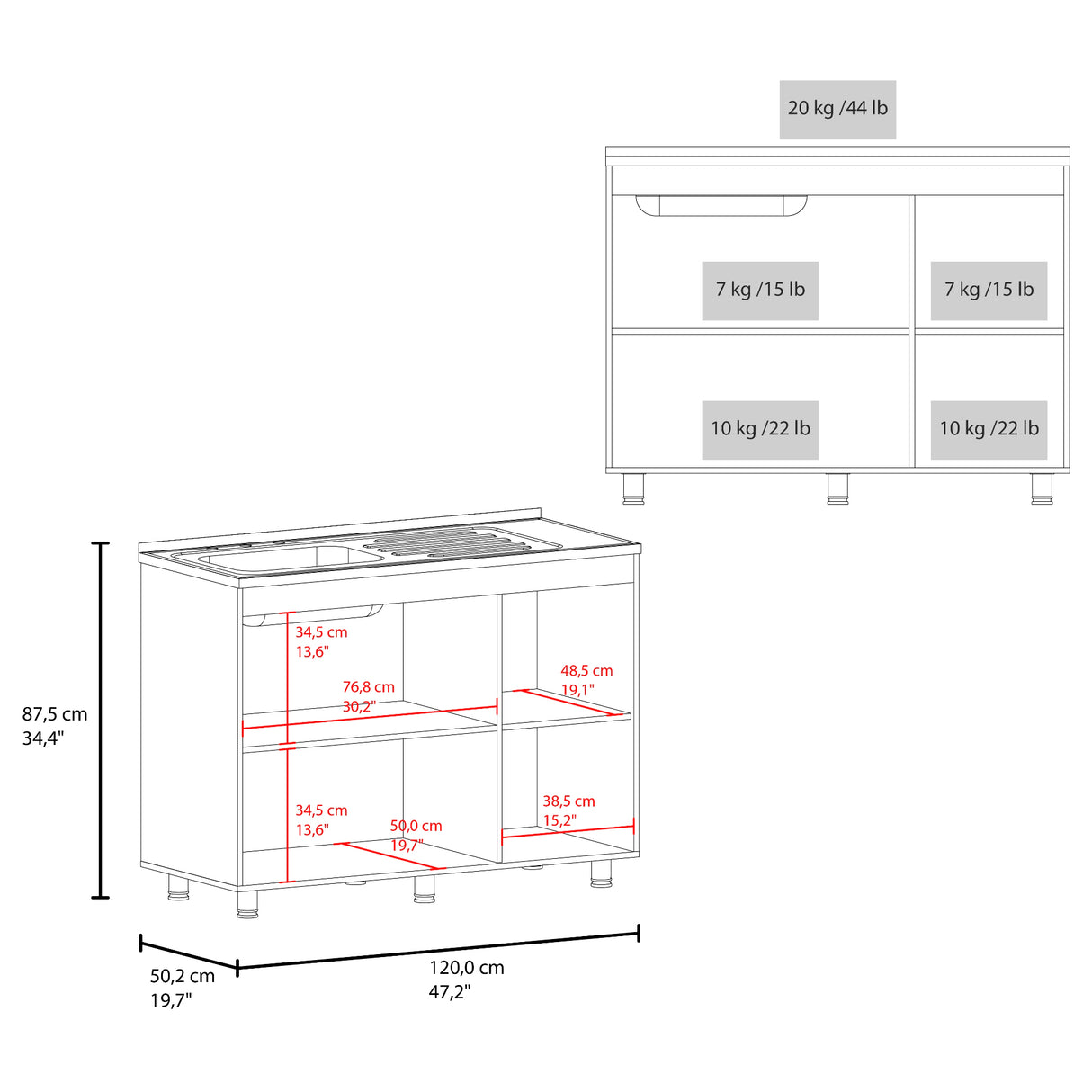 Mueble Inferior de Cocina Napoles Blanco 120x90cm con Mesón de Acero Inoxidable Lado Izquierdo y sin Estufa