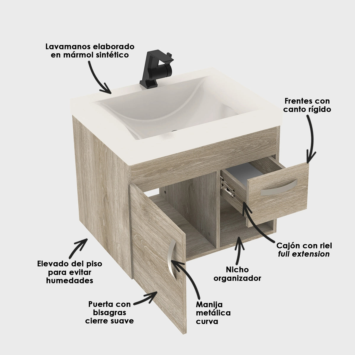 Kit Mueble con Lavamanos Siena Nardo y Marfil 62.4x47.6cm Individual con Un Cajón