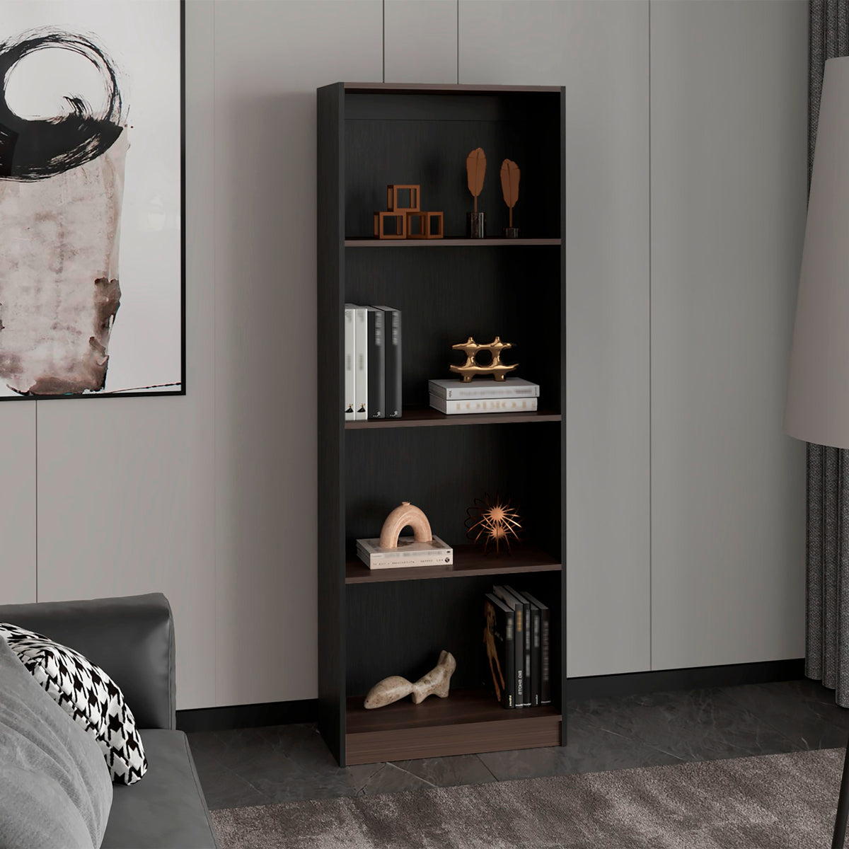 Estante Home E1 Wengue y Milan 62.8x180.6cm Rectangular con Cuatro Compartimientos y con Tres Entrepaños