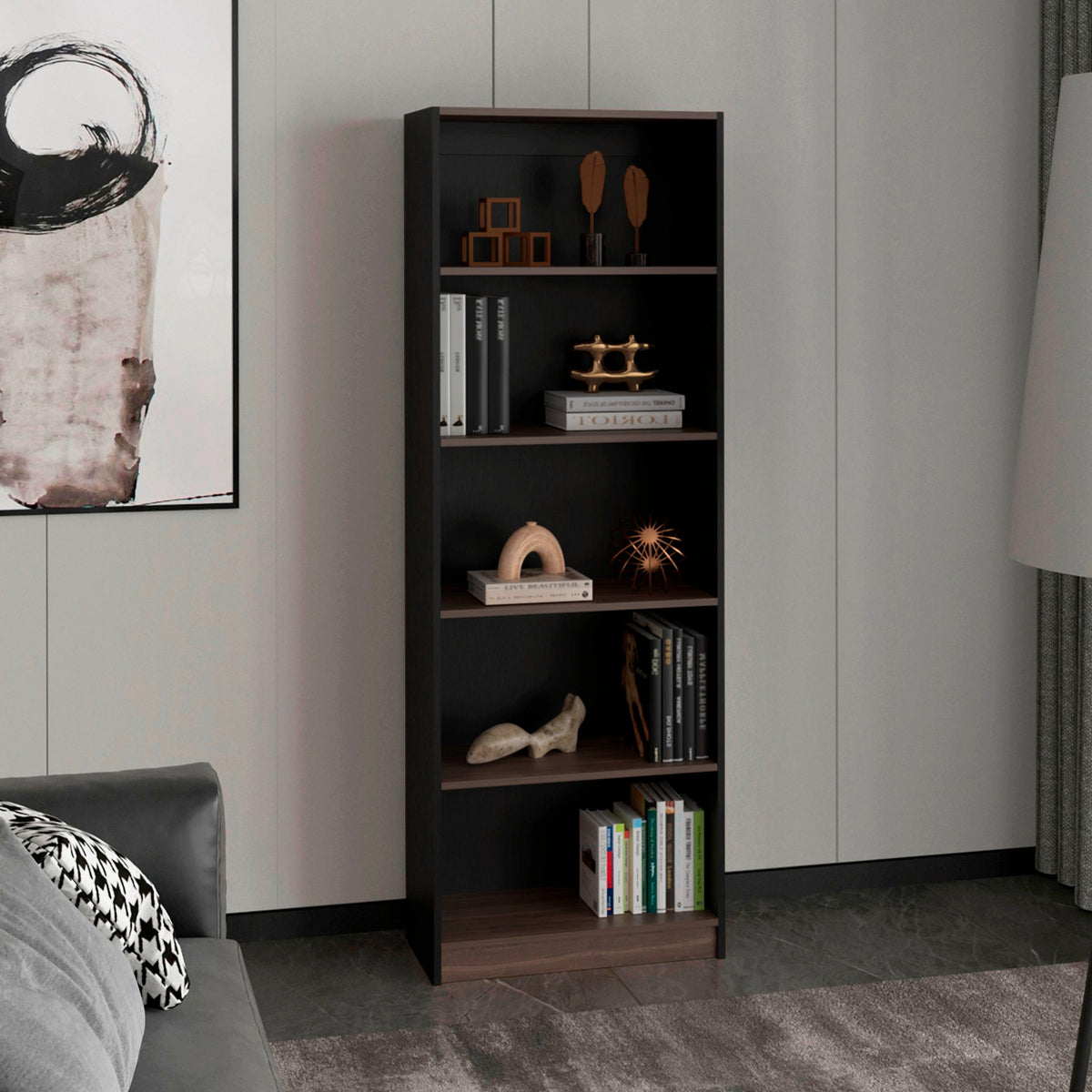 Estante Home E3 Wengue y Milan 62.8x180.6cm Rectangular con Cinco Compartimientos y con Cuatro Entrepaños