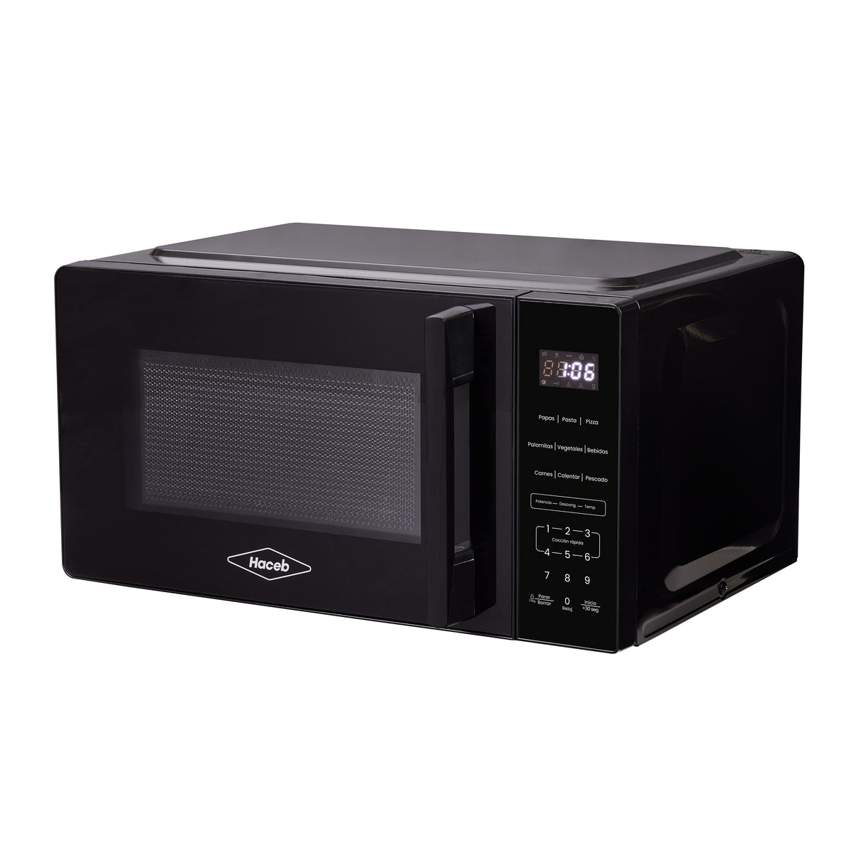 Horno Microondas Haceb de Manija Negro 44x24cm de 20 Litros 120 Voltios con Ocho Funciones Preconfiguradas