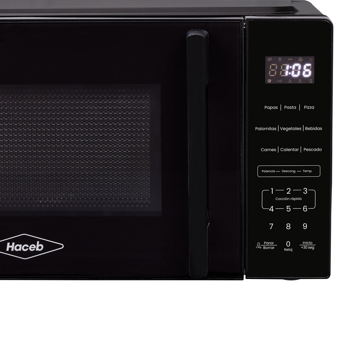 Horno Microondas Haceb de Manija Negro 44x24cm de 20 Litros 120 Voltios con Ocho Funciones Preconfiguradas