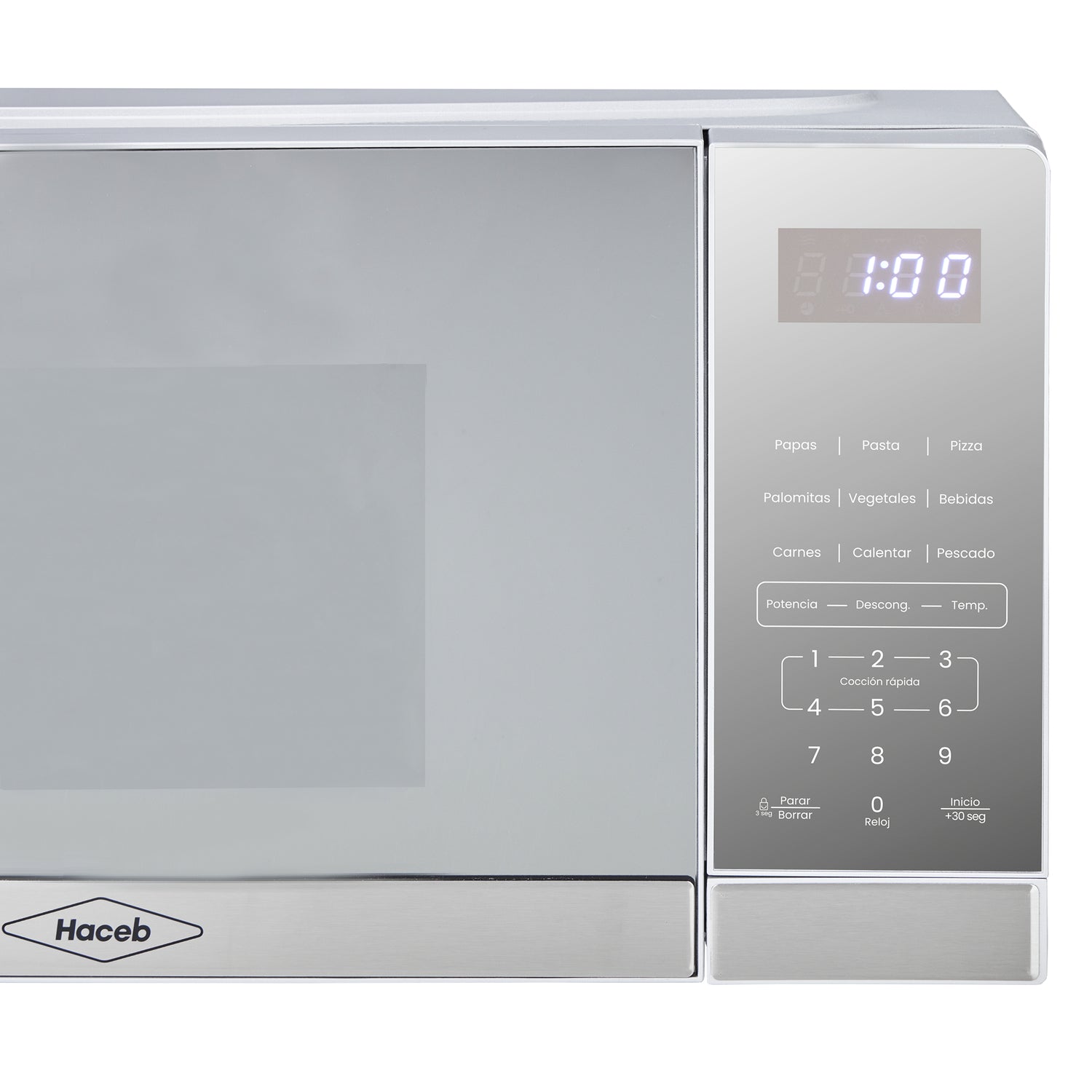 Horno Microondas Haceb Tipo Push Inox 46x26cm de 20 Litros 120 Voltios con Ocho Funciones Preconfiguradas