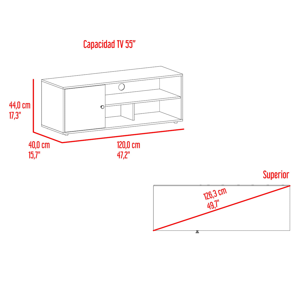 Rack de TV Noah Fresno Europeo y Capri 120x44cm para TV Hasta 50" Pulgadas con Tres Compartimientos y con Ranura para Cables