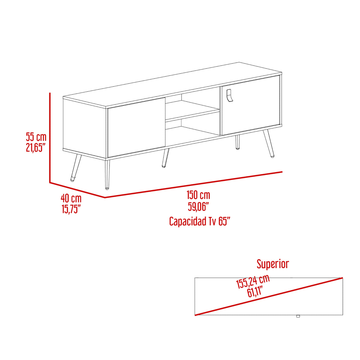 Rack de TV Funes Wengue 150x55cm para TV Hasta 65" Pulgadas con Dos Compartimientos y con Ranura para Cables