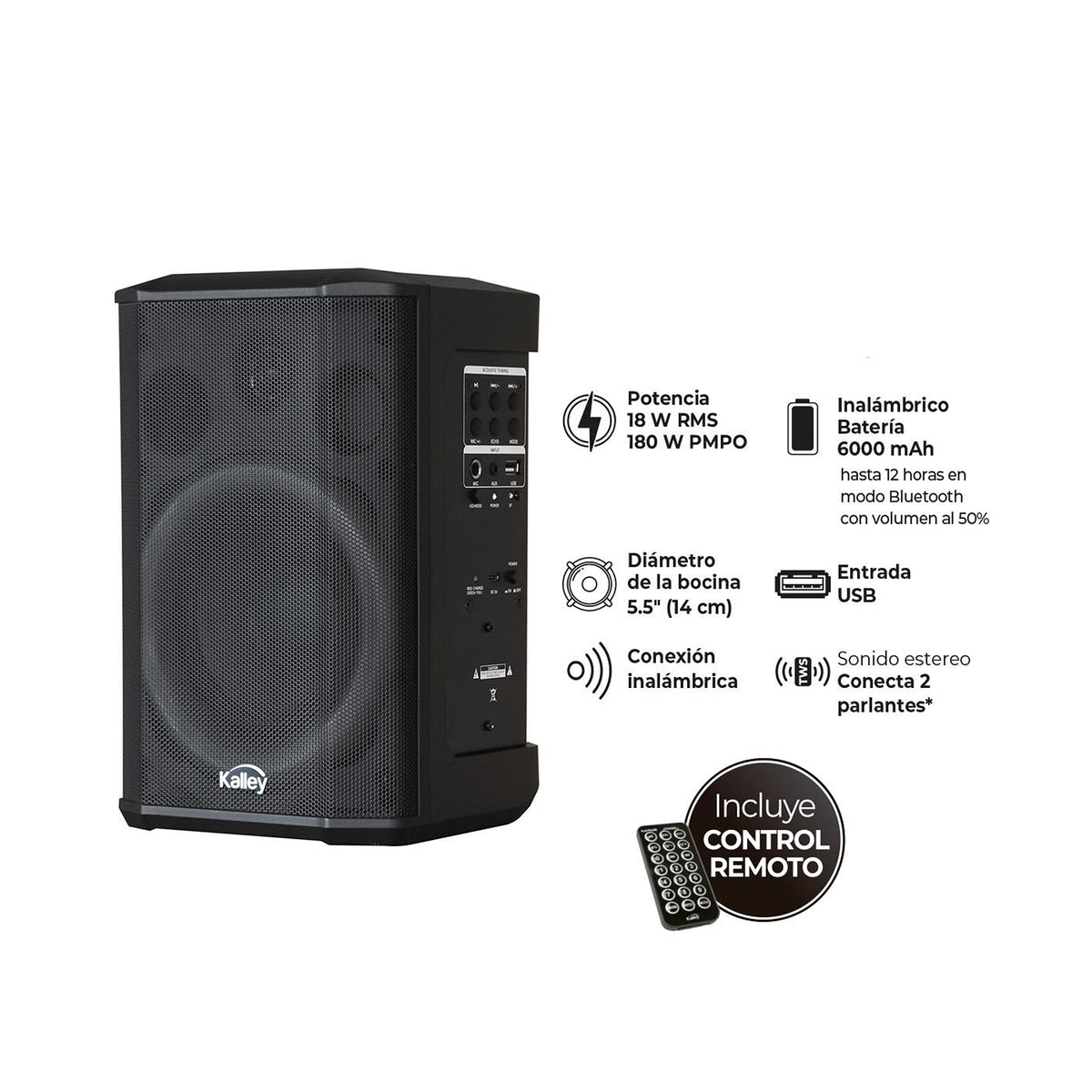 Parlante Kalley Negro Mate 19.9x26.4cm Portátil con Control Remoto