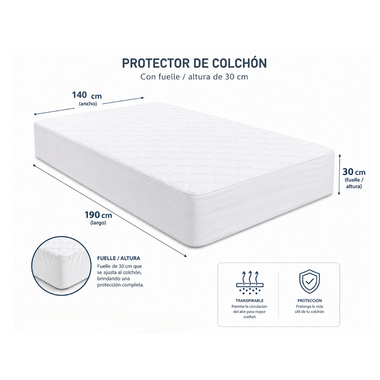 Protector de Colchón Transpirable Beige para Colchón Doble 140 X 190 Cm Acolchado 300 Hilos