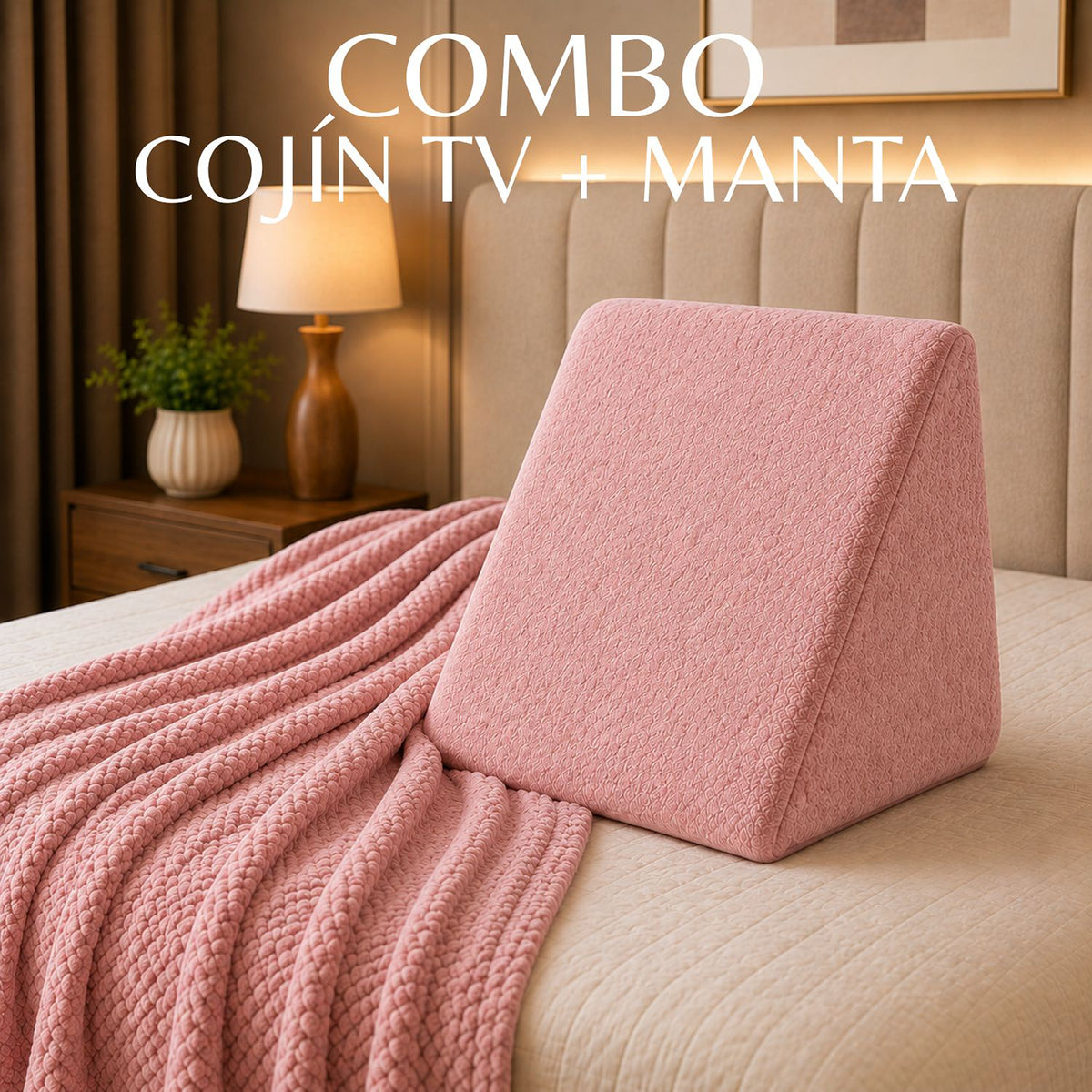 Combo Cojín TV con Cobija Rosada 45x48cm Triangular Fondo Entero