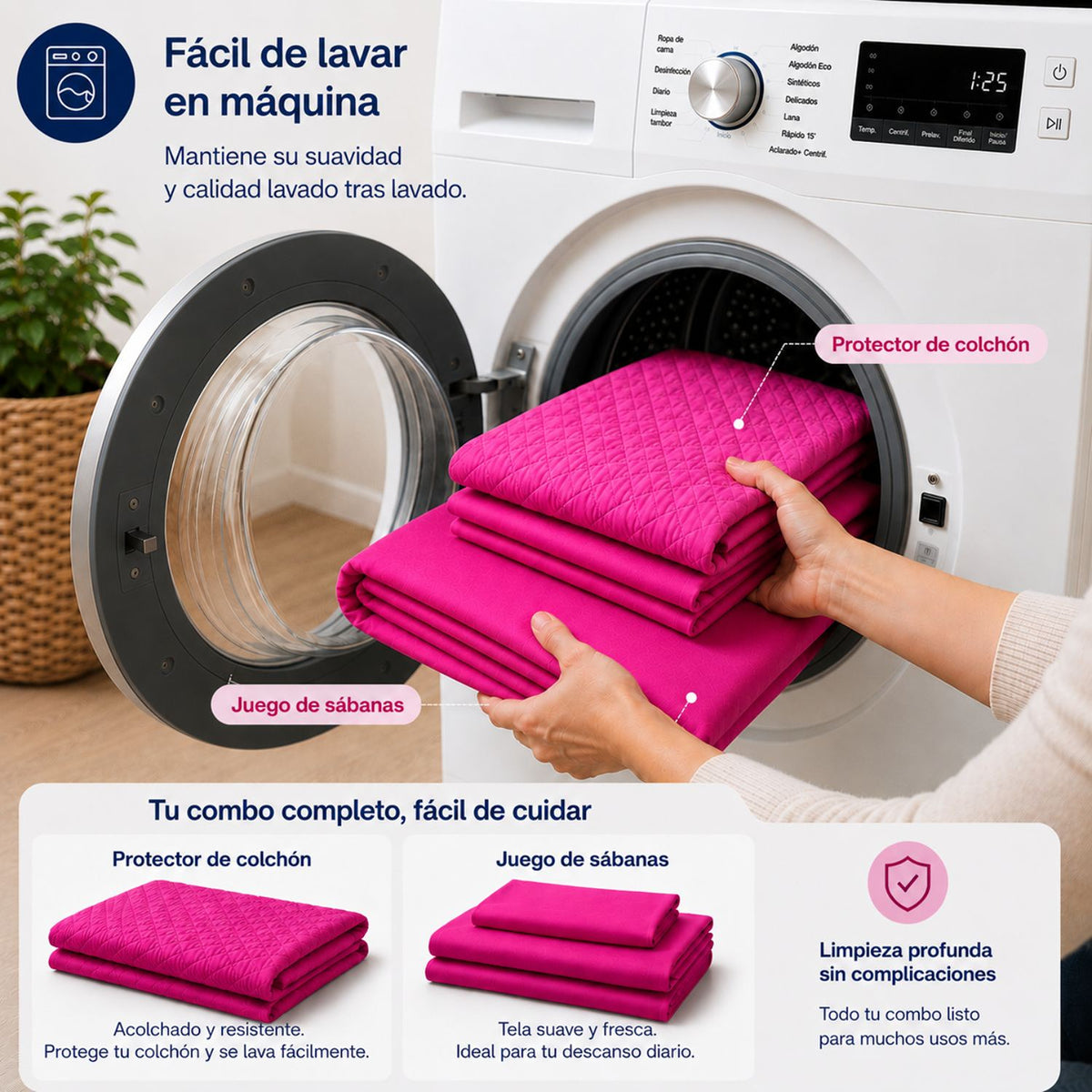 Combo Protector de Colchón y Juego de Sábanas Fucsia para Colchón Sencillo 100 X 190 Cm