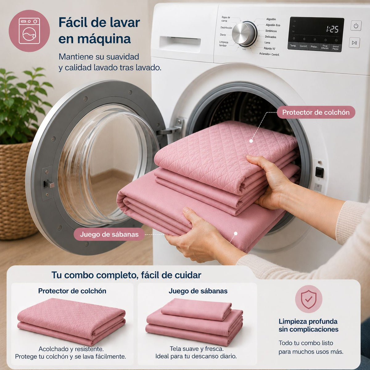 Combo Protector de Colchón y Juego de Sábanas Rosado para Colchón Sencillo 100 X 190 Cm