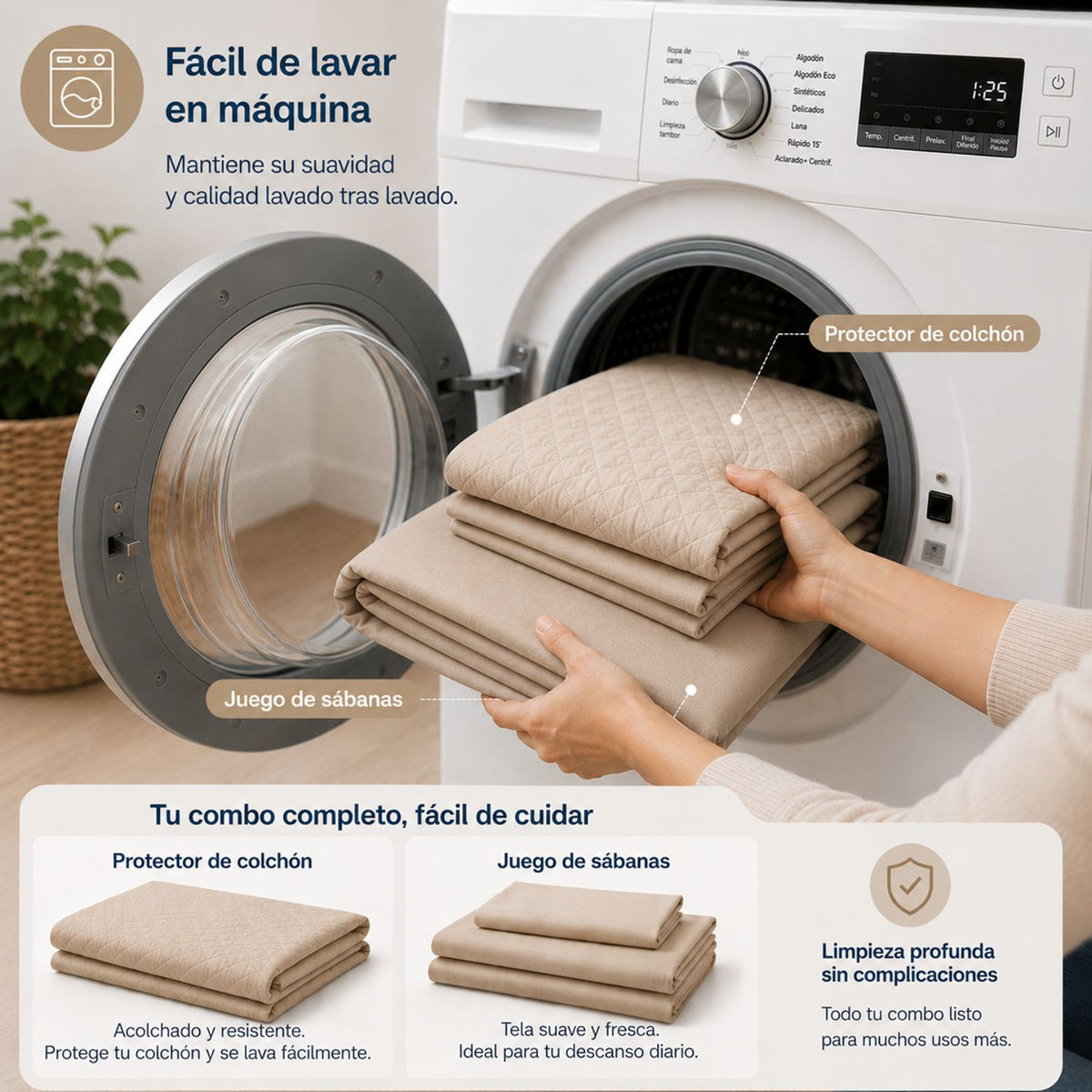 Combo Protector de Colchón y Juego de Sábanas Beige para Colchón Semidoble 120 X 190 Cm