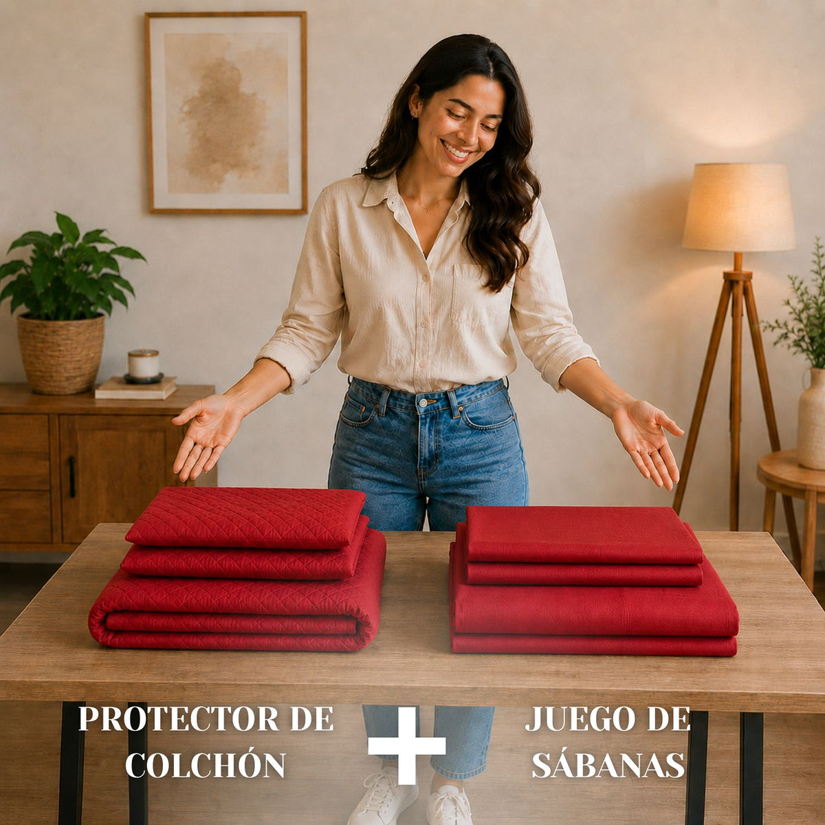 Combo Protector de Colchón y Juego de Sábanas Rojo para Colchón Doble 140 X 190 Cm