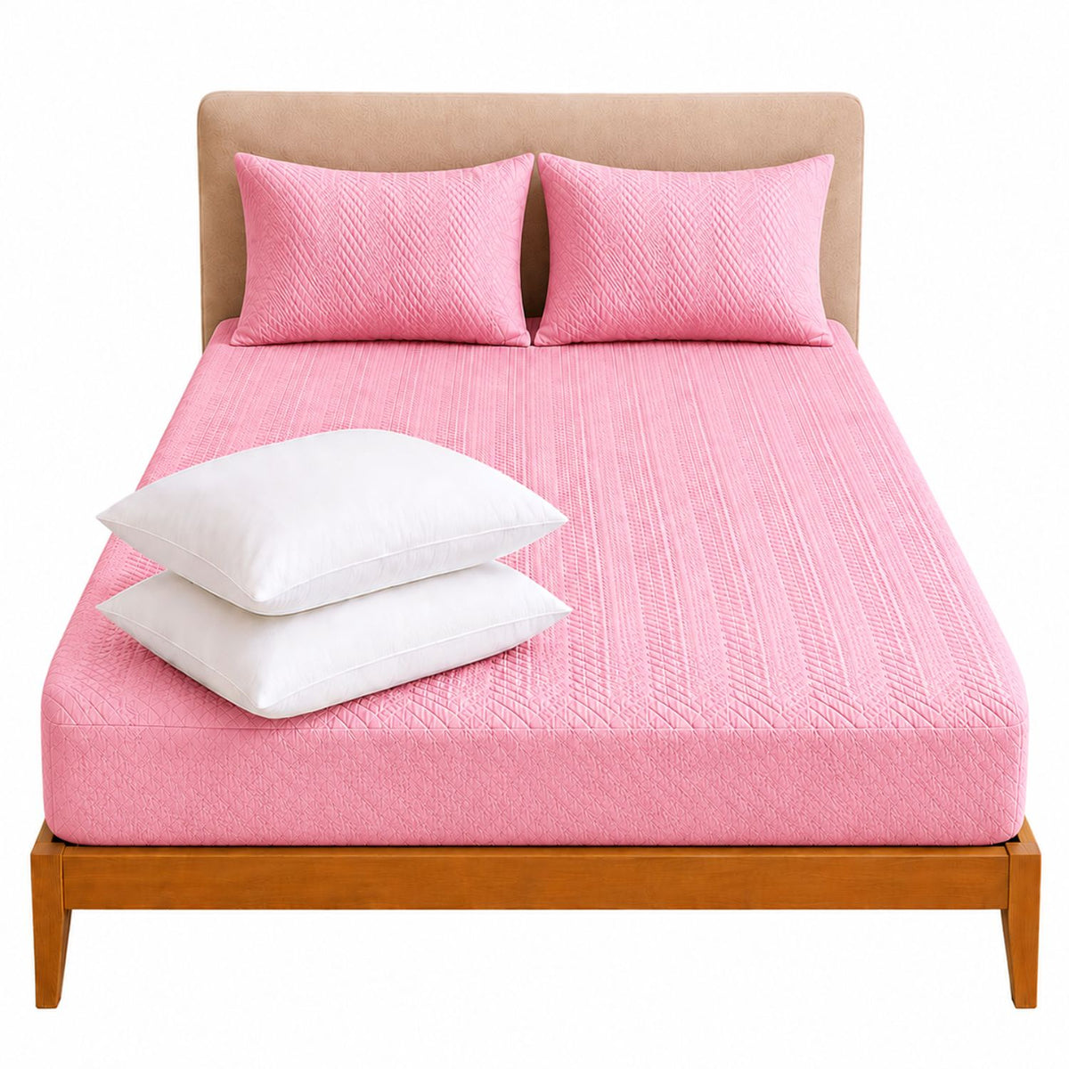 Combo Protector de Colchón y Almohadas Siliconada Rosado para Colchón Semidoble 120 X 190 Cm
