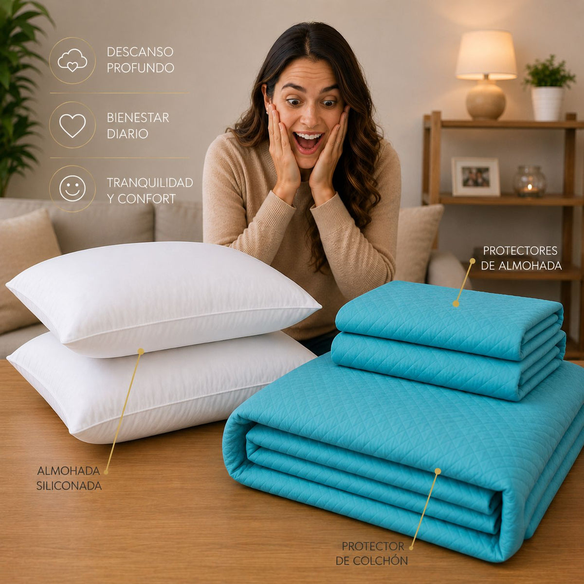 Combo Protector de Colchón y Almohadas Siliconada Turquesa para Colchón Queen 160 X 190 Cm