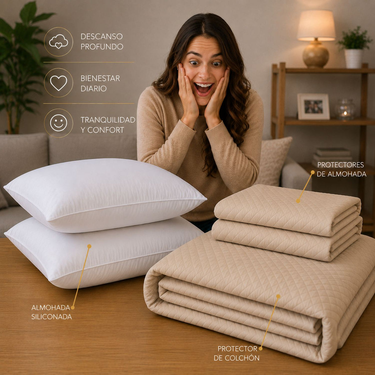 Combo Protector de Colchón y Almohadas Siliconada Beige para Colchón King 200 X 200 Cm
