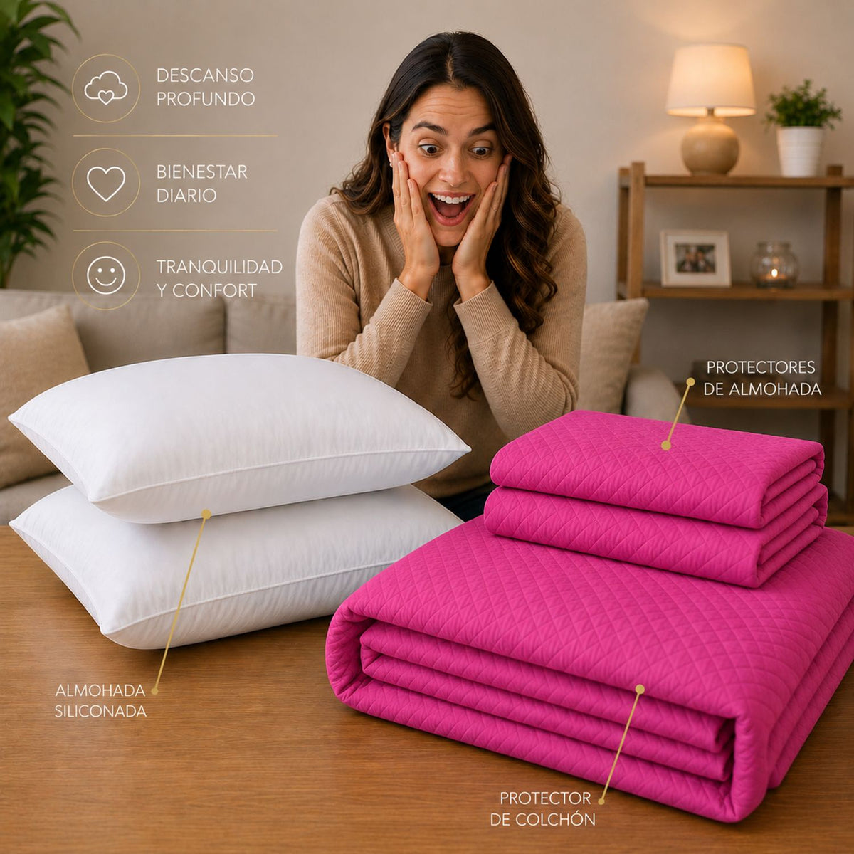 Combo Protector de Colchón y Almohadas Siliconada Fucsia para Colchón King 200 X 200 Cm