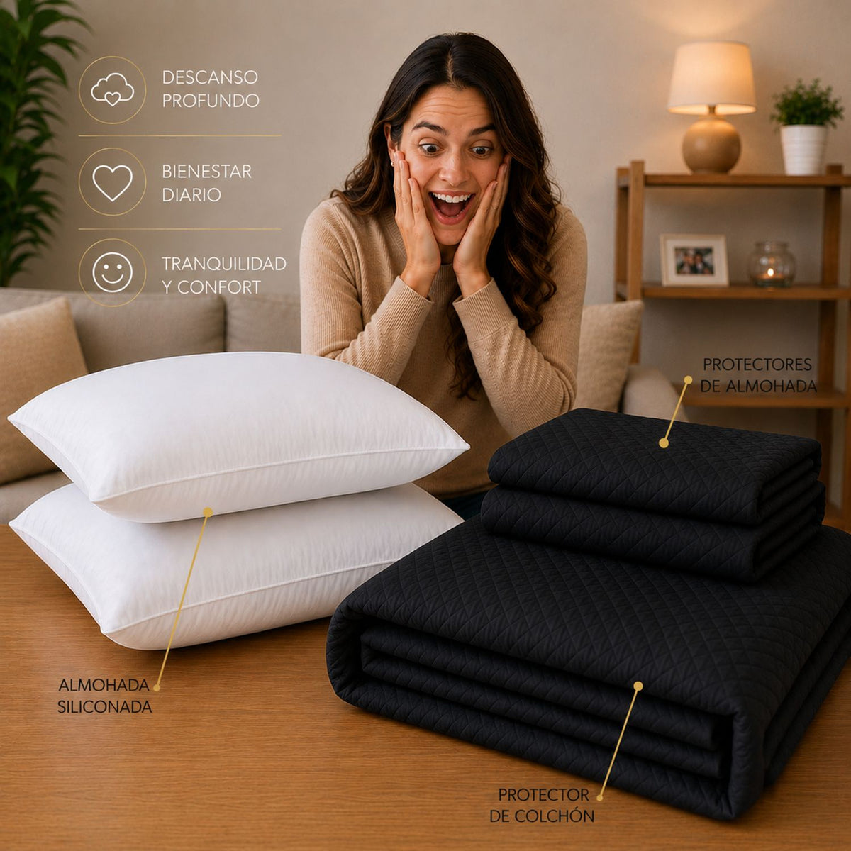 Combo Protector de Colchón y Almohadas Siliconada Negro para Colchón King 200 X 200 Cm
