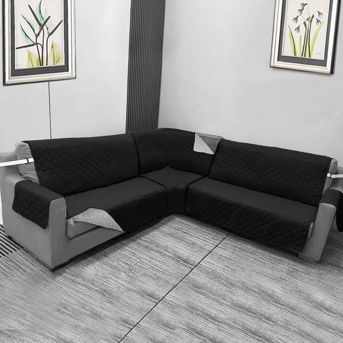 Protector de Sofá en L Negro y Gris 120x180cm Para Sofás de Cinco Puestos Doble Faz con Ajuste Libre