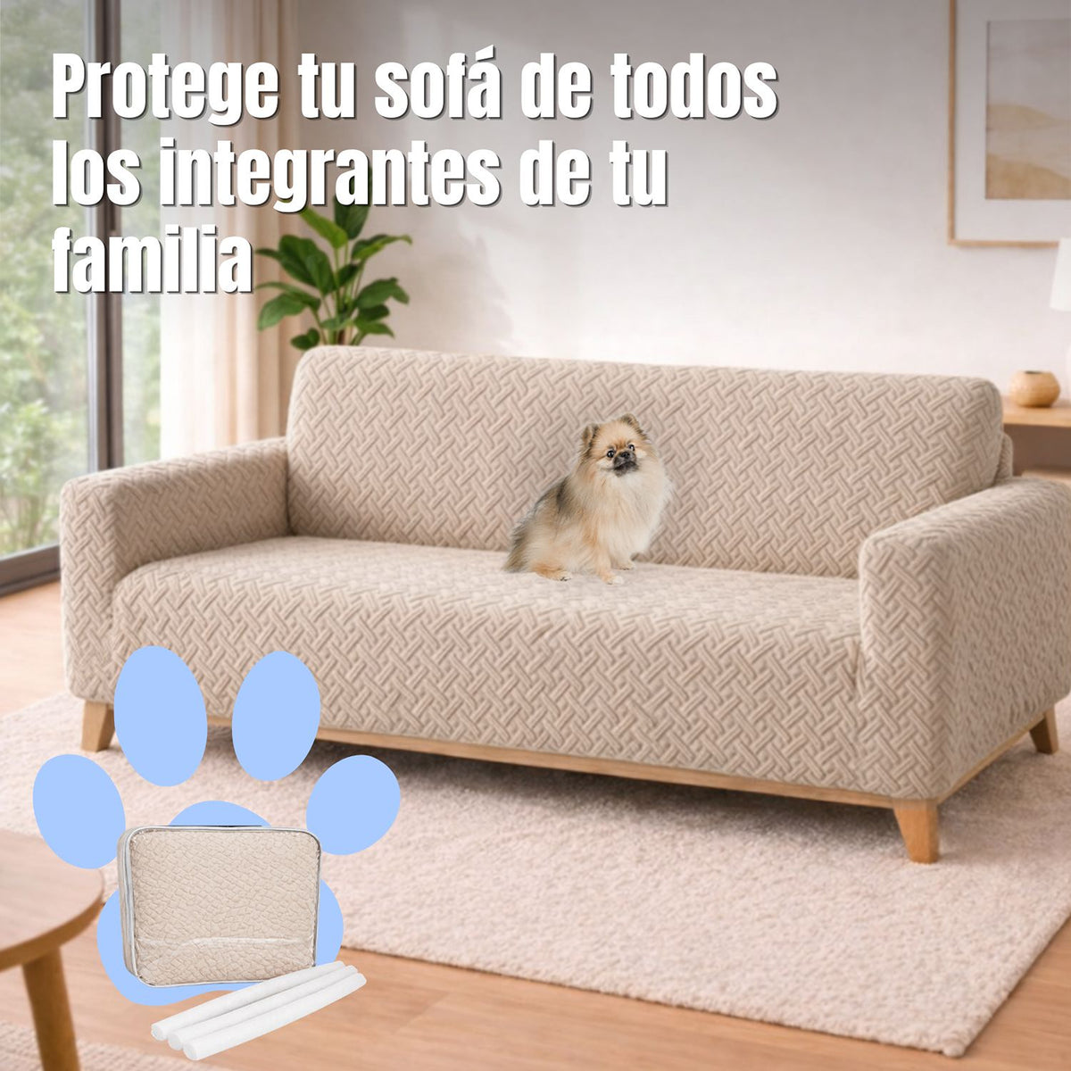 Protector de Sofá Elástico Beige 180x180cm Para Sofás de Tres Puestos Doble Faz