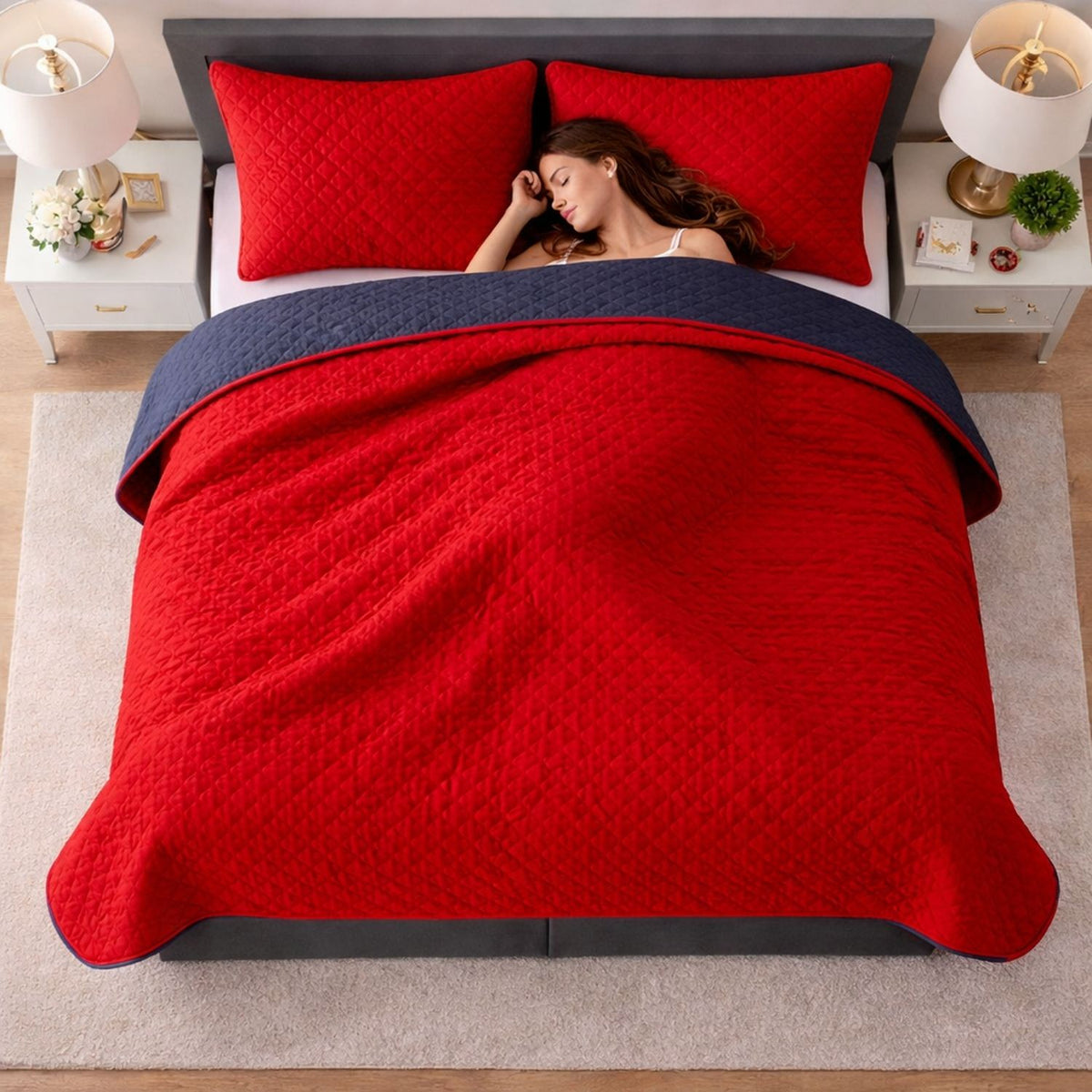 Colcha Doble Faz Rojo y Azul 160x220cm para Colchón Sencillo 100 X 190 Cm Sin Acolchado Sin Relleno Fondo Entero