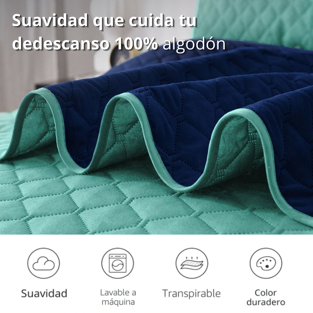 Colcha Doble Faz Verde y Azul 160x220cm para Colchón Sencillo 100 X 190 Cm Sin Acolchado Sin Relleno Fondo Entero