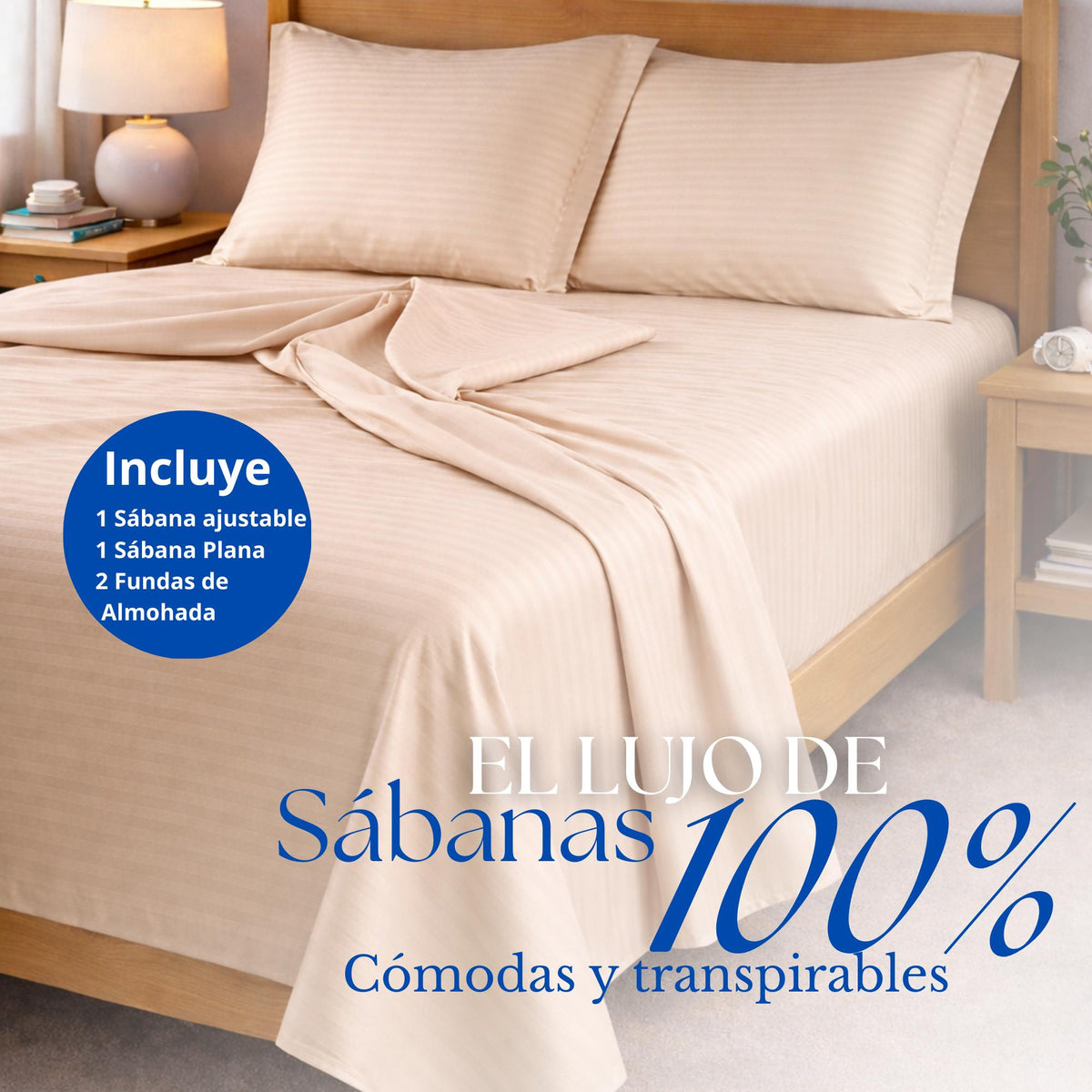 Juego de Sábanas Beige para Colchón Doble 140 X 190 Cm Fondo Entero Con Elastico para la Sábana
