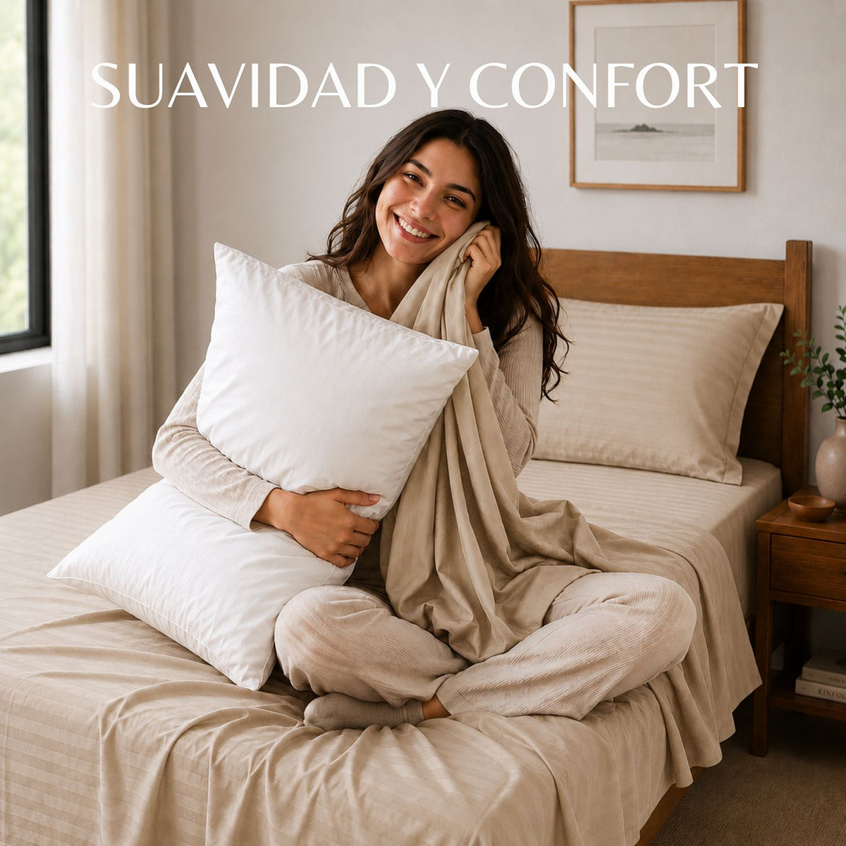 Combo Juego de Sábanas y Almohada Beige para Colchón Sencillo 100 X 190 Cm Fondo Entero Con Elastico para la Sábana
