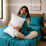 Combo Juego de Sábanas y Almohada Turquesa para Colchón Sencillo 100 X 190 Cm Fondo Entero Con Elastico para la Sábana