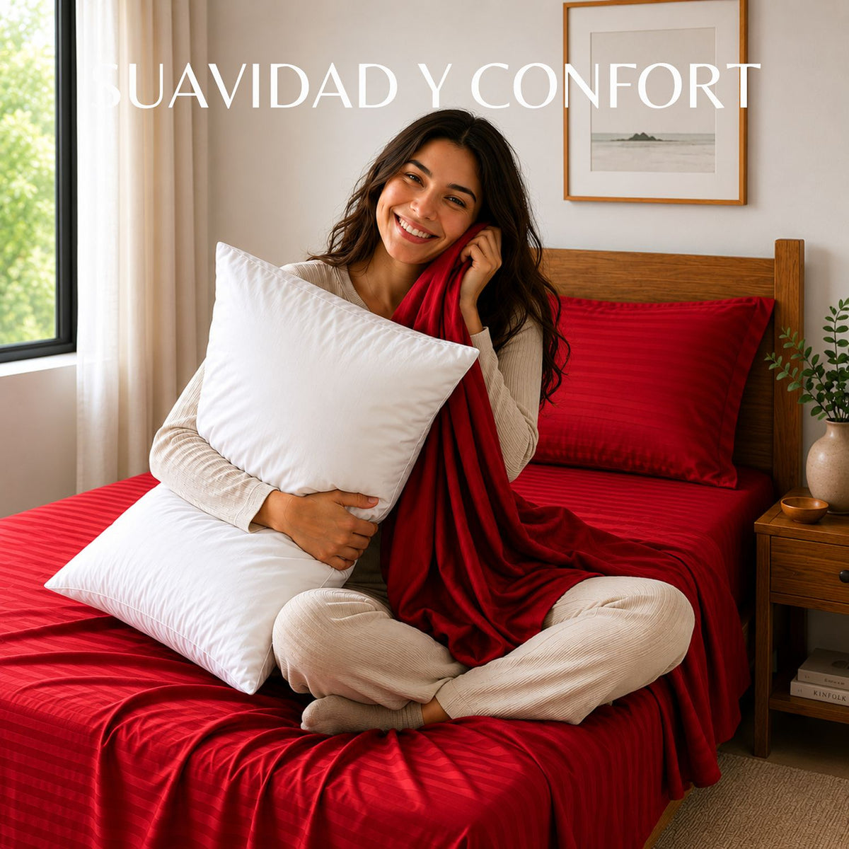 Combo Juego de Sábanas y Almohada Rojo para Colchón Semidoble 120 X 190 Cm Fondo Entero Con Elastico para la Sábana