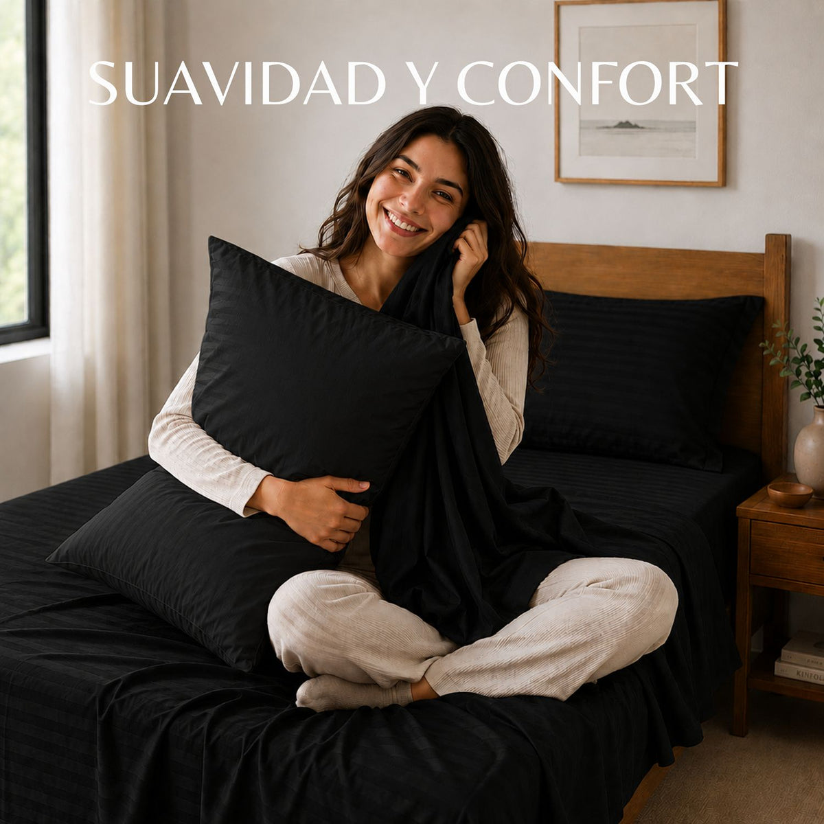 Combo Juego de Sábanas y Almohada Negro para Colchón Doble 140 X 190 Cm Fondo Entero Con Elastico para la Sábana