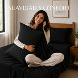 Combo Juego de Sábanas y Almohada Negro para Colchón Doble 140 X 190 Cm Fondo Entero Con Elastico para la Sábana