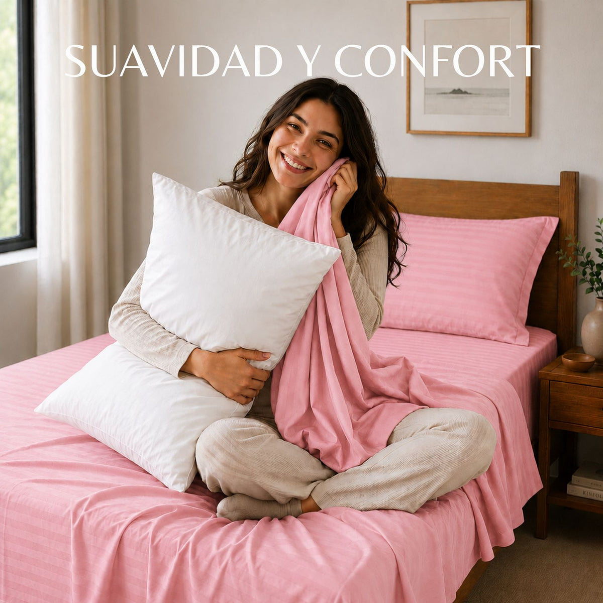 Combo Juego de Sábanas y Almohada Rosado para Colchón King 200 X 200 Cm Fondo Entero Con Elastico para la Sábana
