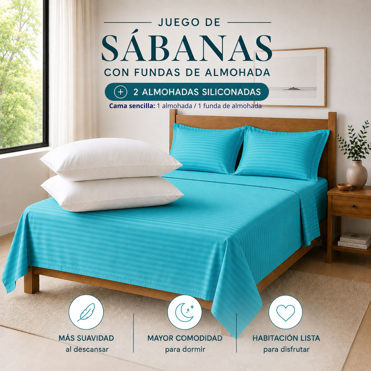 Combo Juego de Sábanas y Almohada Turquesa para Colchón King 200 X 200 Cm Fondo Entero Con Elastico para la Sábana