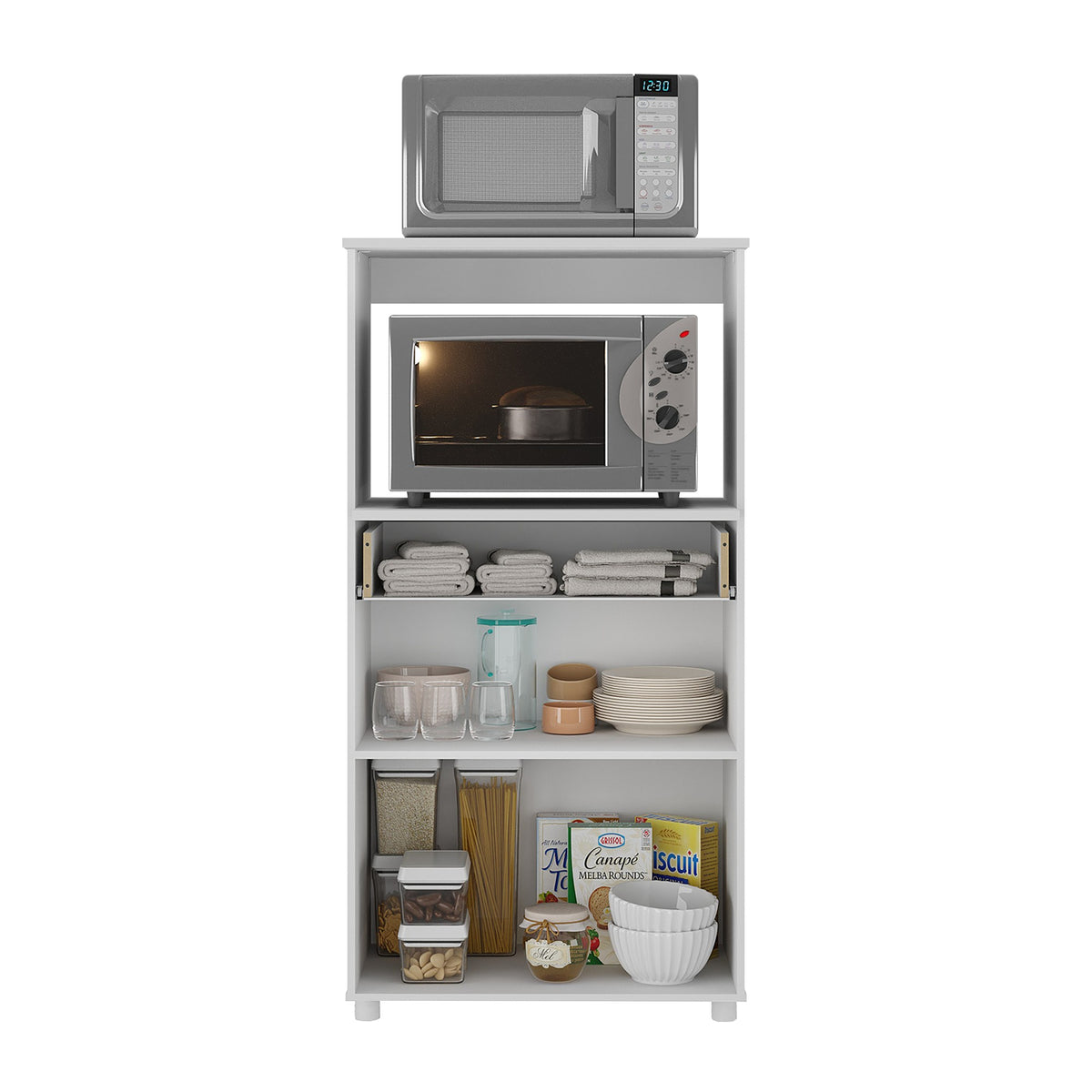 Mueble Microondas Capri Blanco 62x122cm con Dos Puertas y Un Cajón