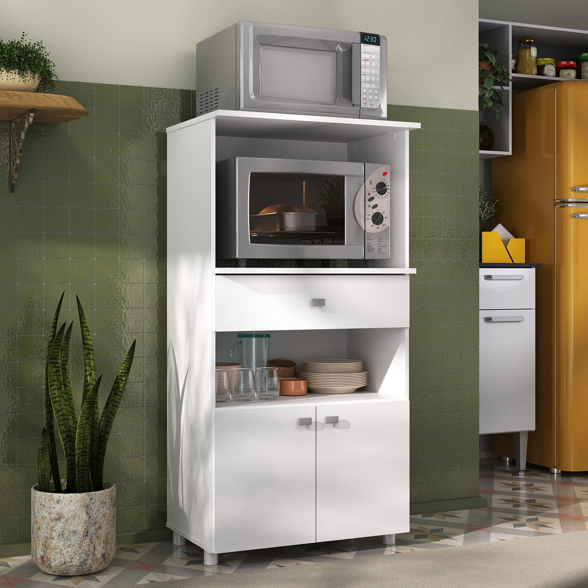 Mueble Microondas Capri Blanco 62x122cm con Dos Puertas y Un Cajón