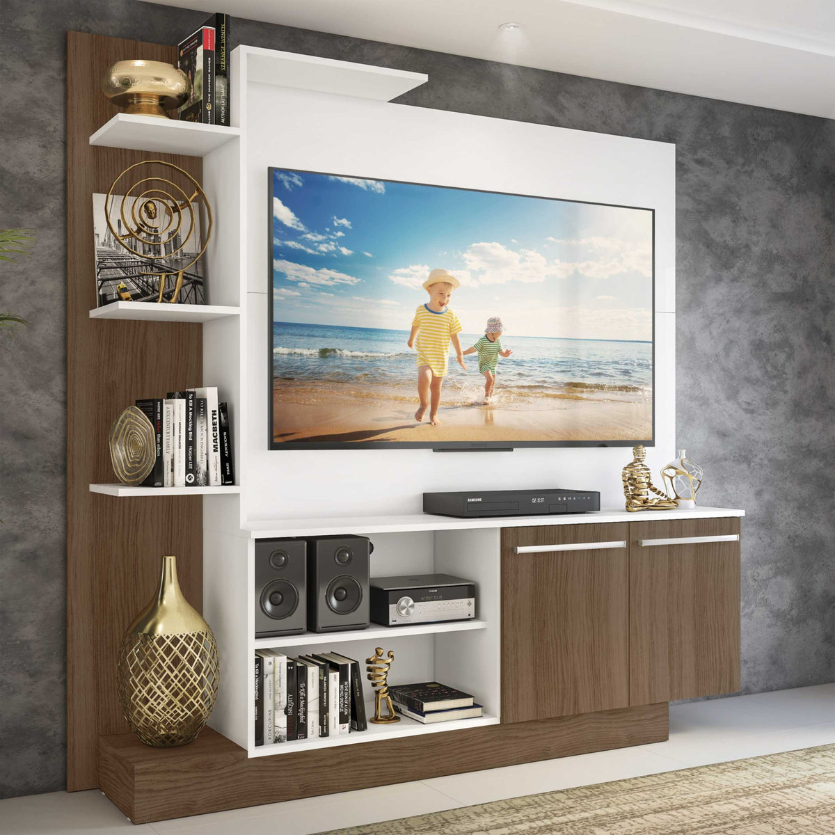 Panel de TV Braga Blanco 191x108cm para TV Hasta 55" Pulgadas con Cinco Compartimientos y con Ranura para Cables