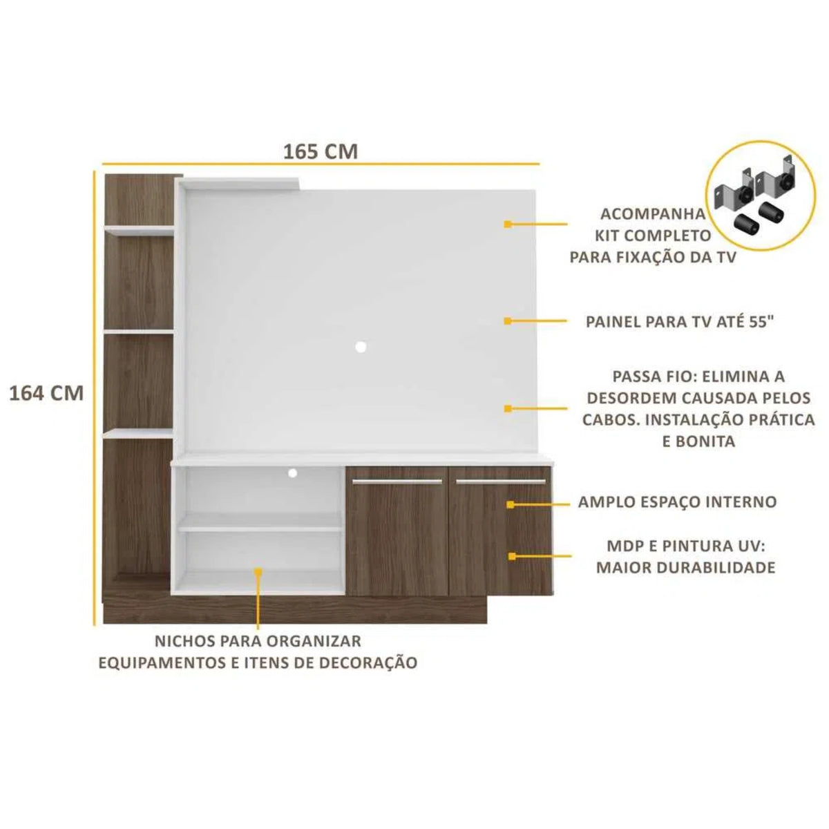 Panel de TV Braga Blanco 191x108cm para TV Hasta 55" Pulgadas con Cinco Compartimientos y con Ranura para Cables