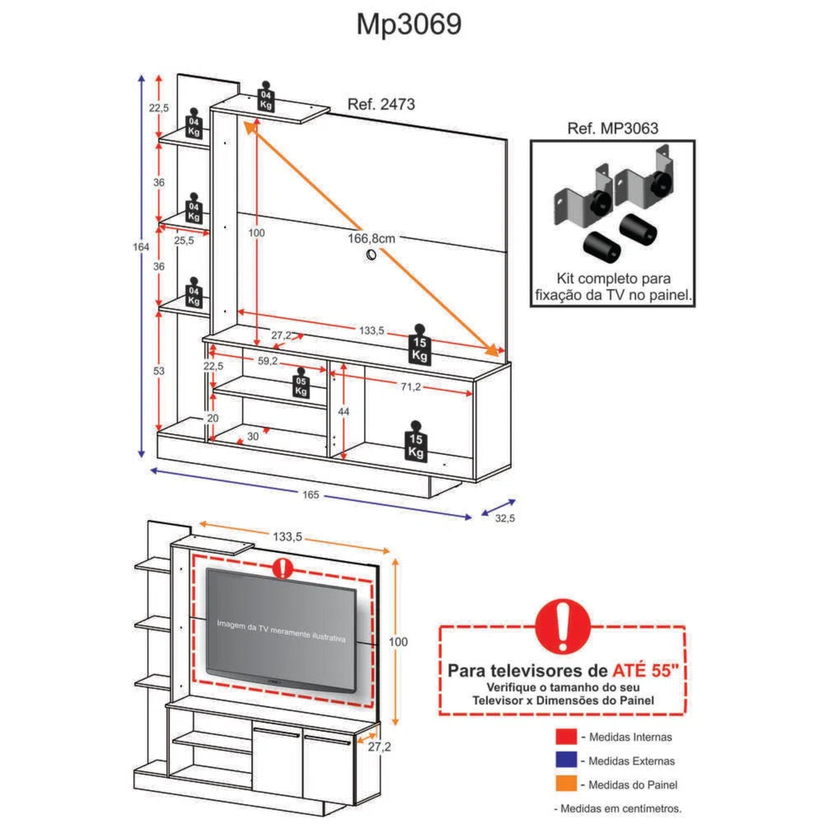 Panel de TV Braga Blanco 191x108cm para TV Hasta 55" Pulgadas con Cinco Compartimientos y con Ranura para Cables