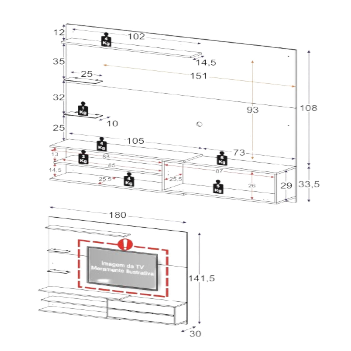 Centro de Entretenimiento Rio Castaño 180x141cm para TV Hasta 65" Pulgadas con Dos Compartimientos y con Ranura para Cables