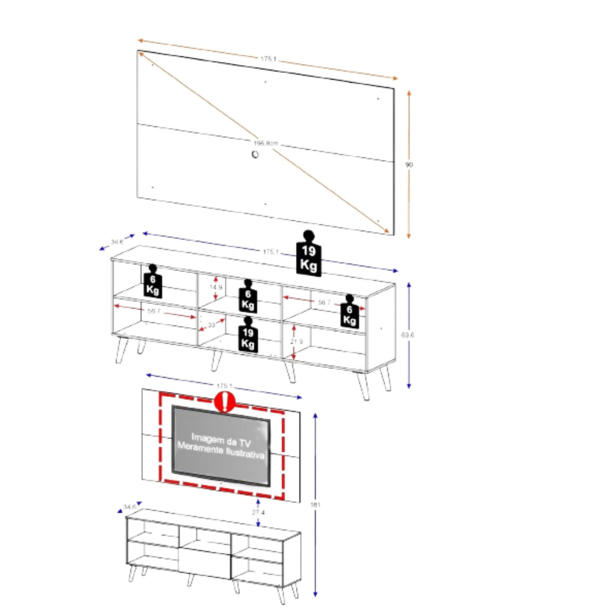 Combo Rack con Panel de Tv Florida Blanco 175x63cm para TV Hasta 65" Pulgadas con Cinco Compartimientos y con Ranura para Cables