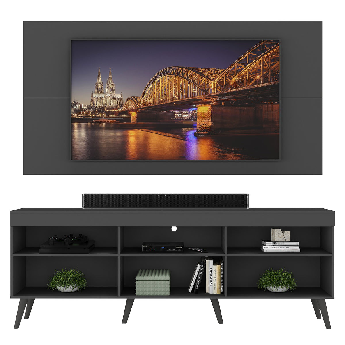 Combo Rack con Panel de Tv Moscow Negro 175x63cm para TV Hasta 65" Pulgadas con Cinco Compartimientos y con Ranura para Cables