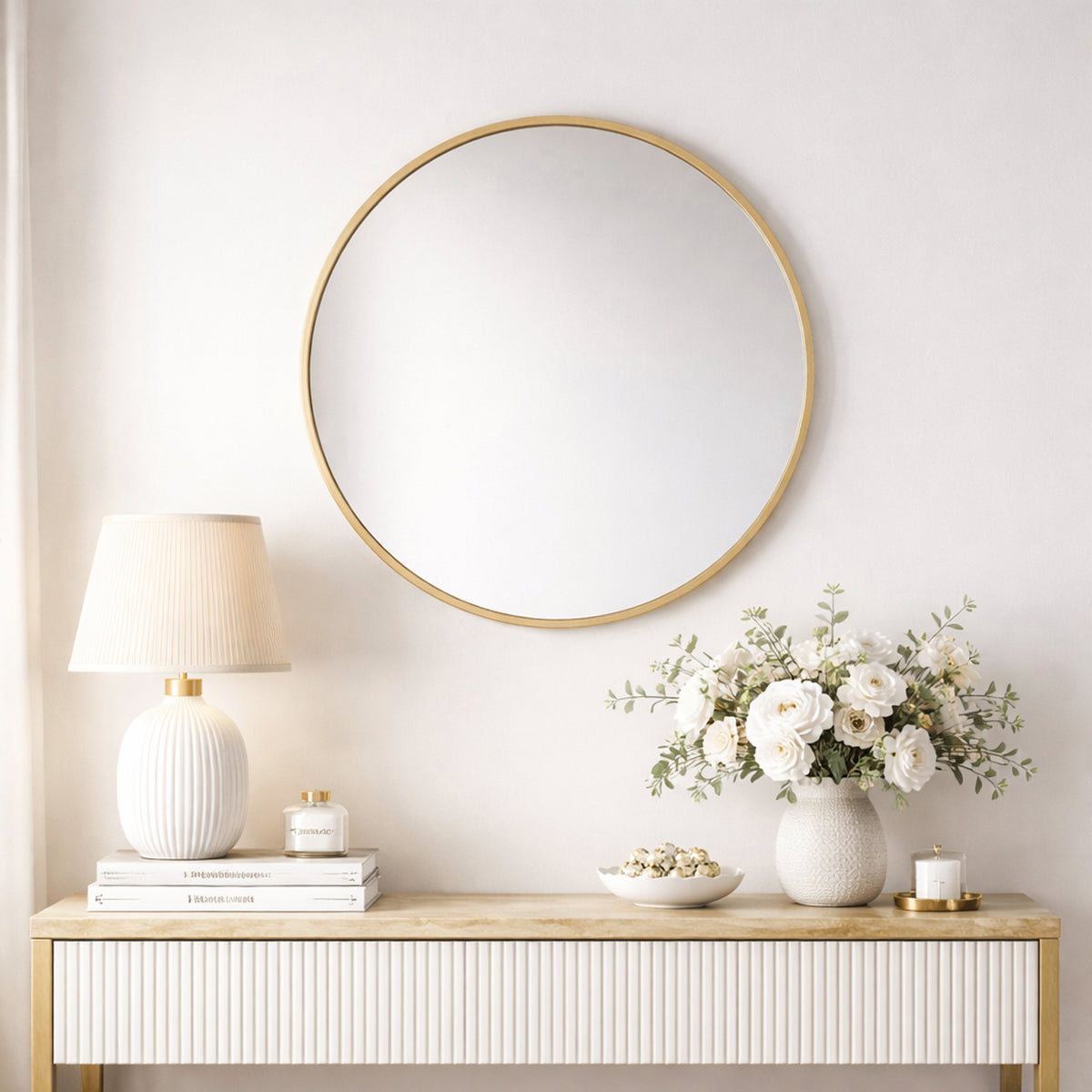 Espejo de Pared Dorado 70x70cm Redondo con Marco en Madera