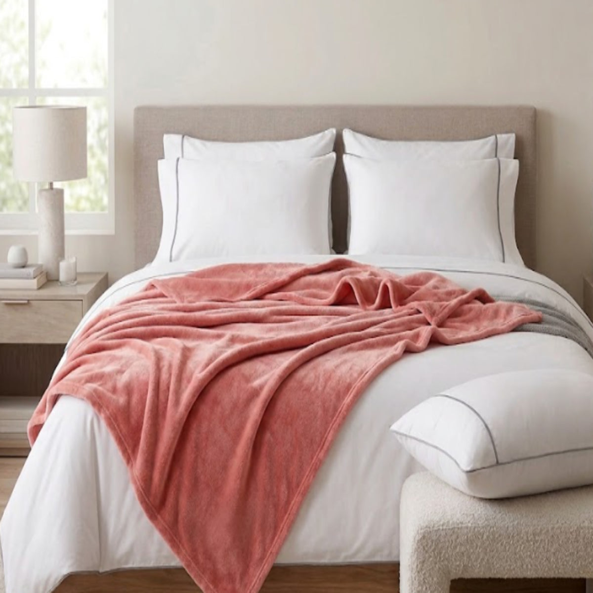 Combo Cobija y Almohada Coral Rosado y Blanco 200x230cm