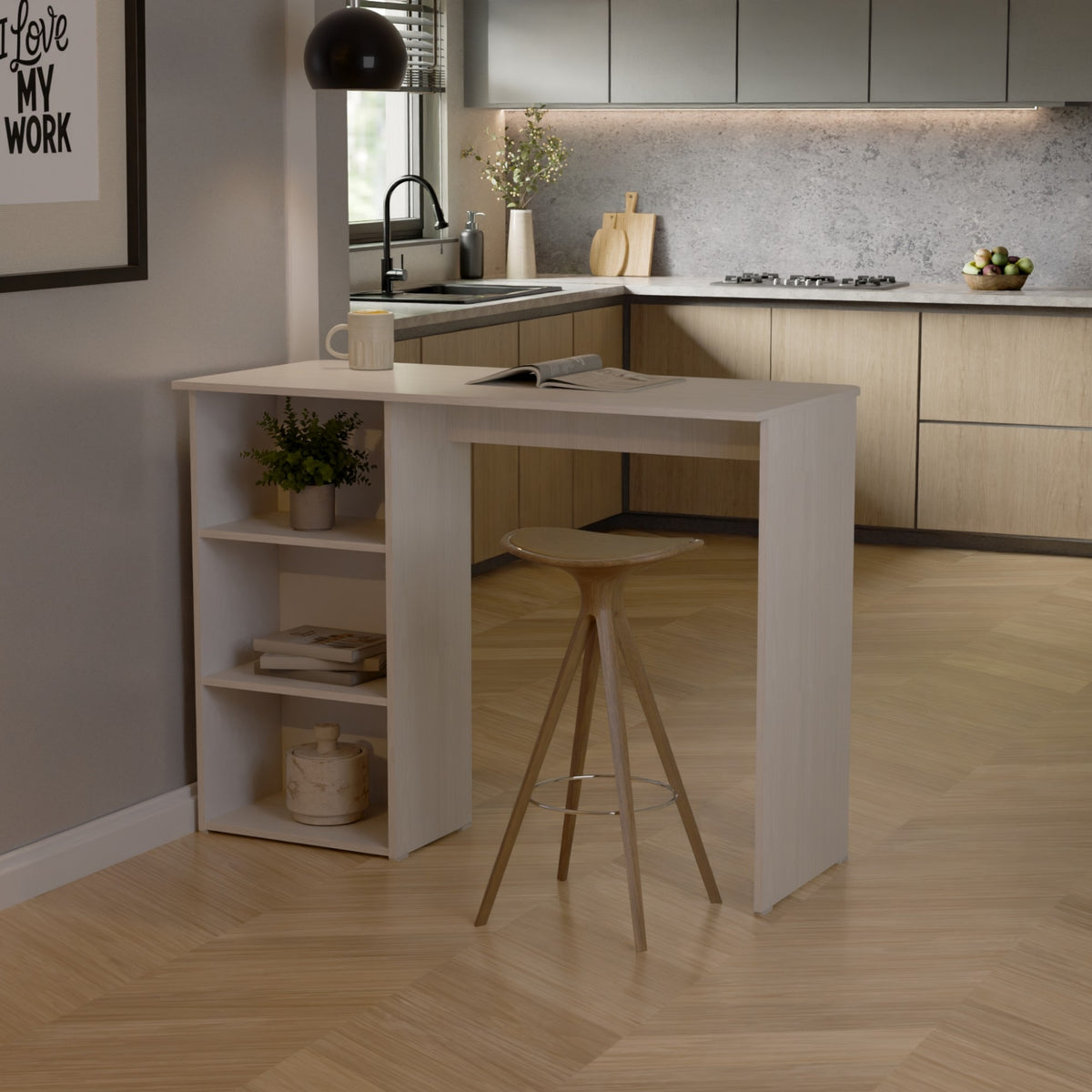 Barra de Cocina Natura Gris Hielo 120x91cm con Dos Entrepaños y Tres Compartimientos