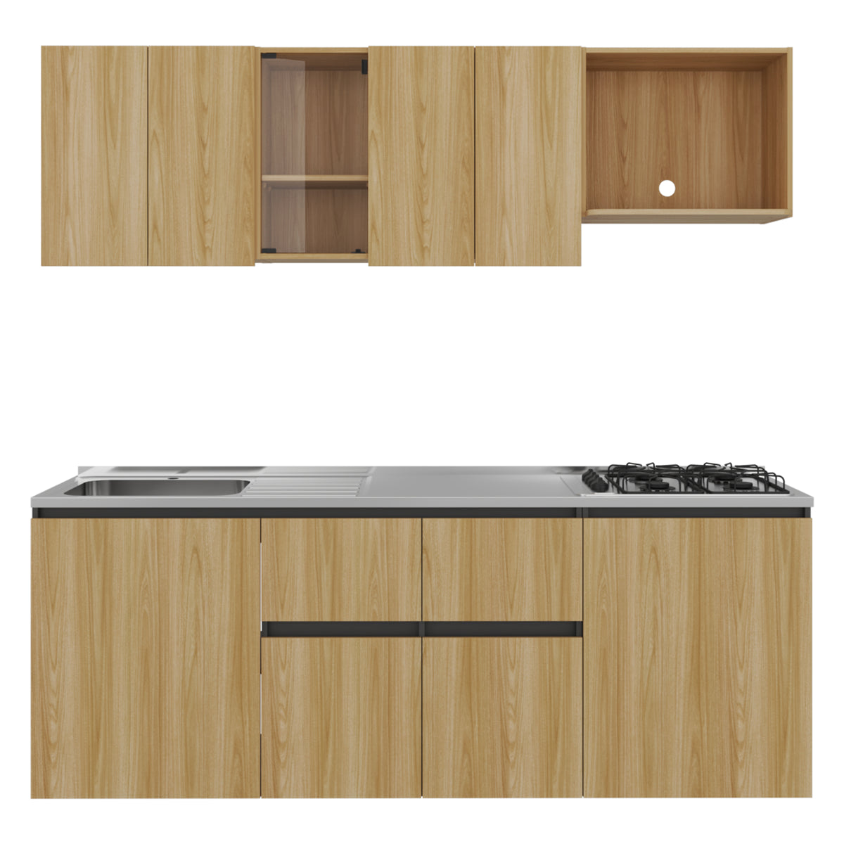 Cocina Amantia Fresno Europeo 212x208cm con Mesón de Acero Inoxidable con Pozuelo Lado Izquierdo y con Estufa